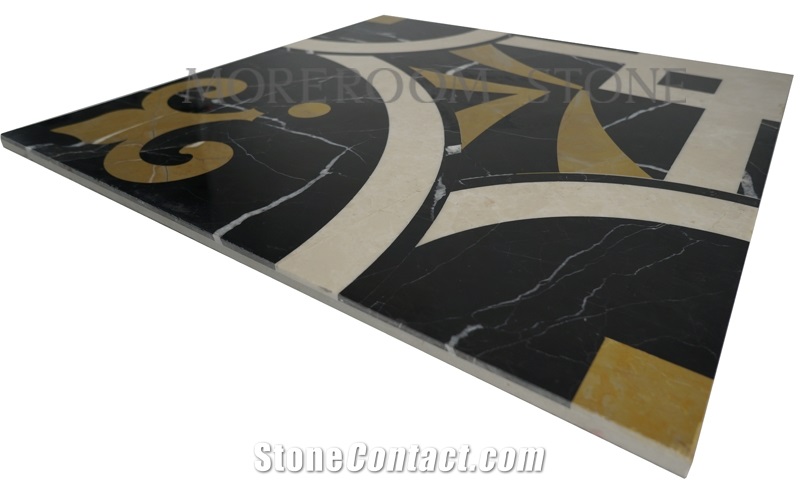 Polished Spanish Marble Tiles, Black Marble Design, Nero Marquina Marble Waterjet Medallions Tiles, Floor Medallions, Laminated Medallions, Marble Flooring Tiles Decoration Marble