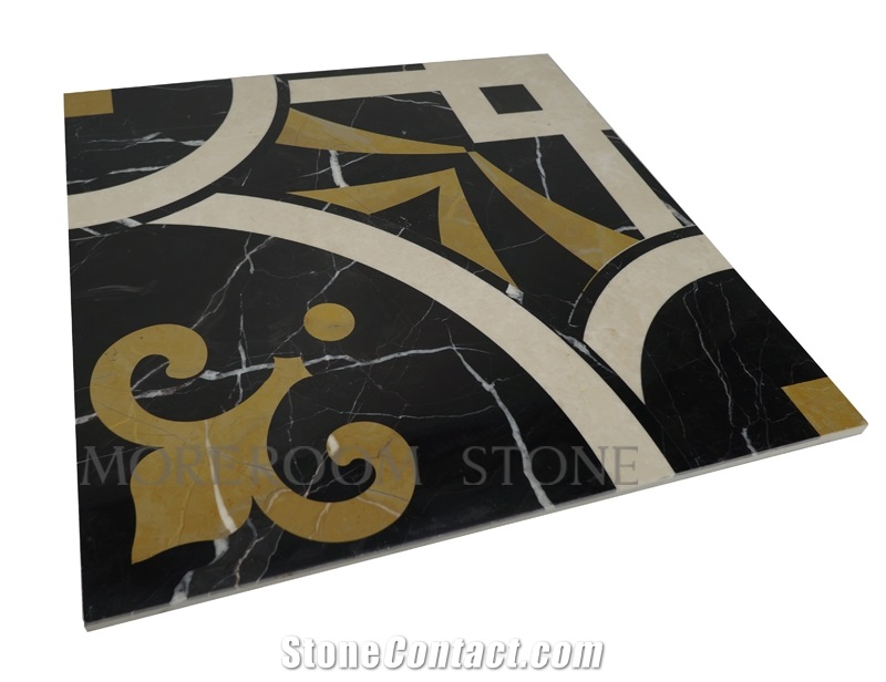 Polished Spanish Marble Tiles, Black Marble Design, Nero Marquina Marble Waterjet Medallions Tiles, Floor Medallions, Laminated Medallions, Marble Flooring Tiles Decoration Marble