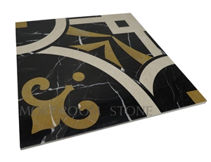 Polished Spanish Marble Tiles, Black Marble Design, Nero Marquina Marble Waterjet Medallions Tiles, Floor Medallions, Laminated Medallions, Marble Flooring Tiles Decoration Marble