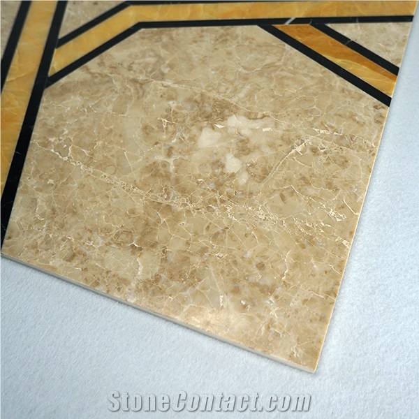 Turkey Cappuccino Light Marble & Golden Onyx Pattern, Thin Laminated Water-Jet Medallions Tiles