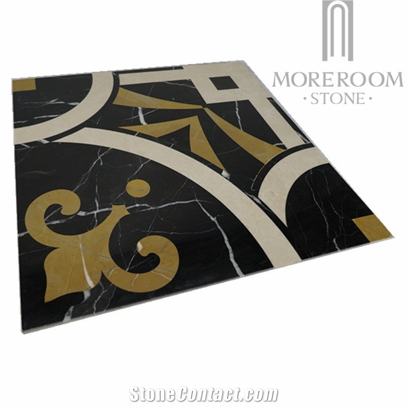 Turkey Sakarya Black Magic Marble Laminated Marble Carpet Medallion with Aluminum Honeycomb Backed