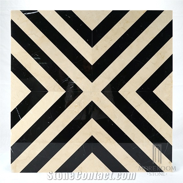 Zig-Zag Black and Beige Marble Cross Shape Waterjet Marble Floor and Wall Tile