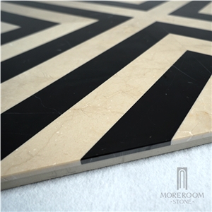 Zig-Zag Black and Beige Marble Cross Shape Waterjet Marble Floor and Wall Tile