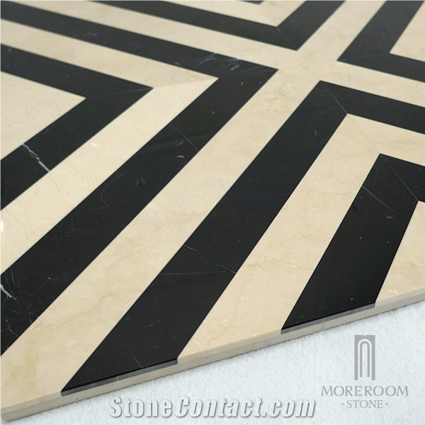 Zig-Zag Black and Beige Marble Cross Shape Waterjet Marble Floor and Wall Tile