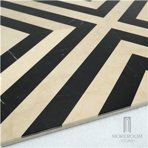 Zig-Zag Black and Beige Marble Cross Shape Waterjet Marble Floor and Wall Tile