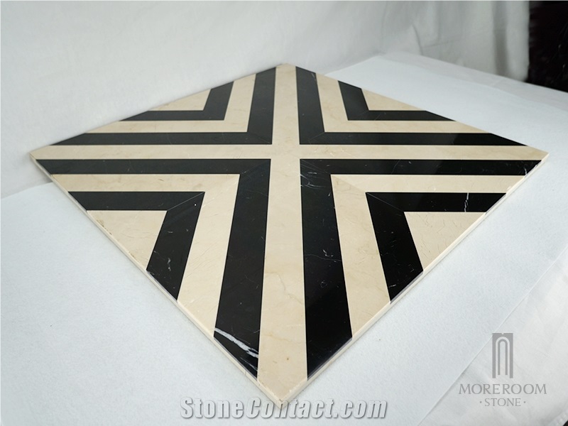 Zig-Zag Black and Beige Marble Cross Shape Waterjet Marble Floor and Wall Tile
