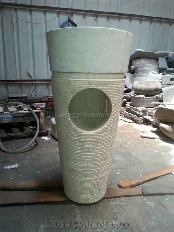Sunny Yellow Marble Sinks, Beige Marble Pedestal Wash Basin for Bathroom, Cylinder Sink, Basin Part Polished + Bottom Part Grooved/Bush Hammered Pedestal Basins