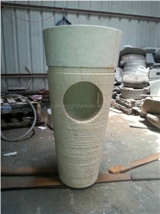 Sunny Yellow Marble Sinks, Beige Marble Pedestal Wash Basin for Bathroom, Cylinder Sink, Basin Part Polished + Bottom Part Grooved/Bush Hammered Pedestal Basins