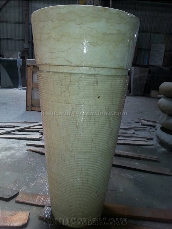 Sunny Yellow Marble Sinks, Beige Marble Pedestal Wash Basin for Bathroom, Cylinder Sink, Basin Part Polished + Bottom Part Grooved/Bush Hammered Pedestal Basins