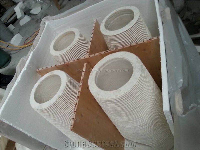 Sunny Yellow Marble Sinks, Beige Marble Pedestal Wash Basin for Bathroom, Cylinder Sink, Basin Part Polished + Bottom Part Grooved/Bush Hammered Pedestal Basins