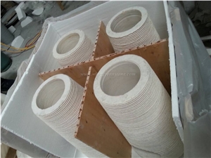 Sunny Yellow Marble Sinks, Beige Marble Pedestal Wash Basin for Bathroom, Cylinder Sink, Basin Part Polished + Bottom Part Grooved/Bush Hammered Pedestal Basins