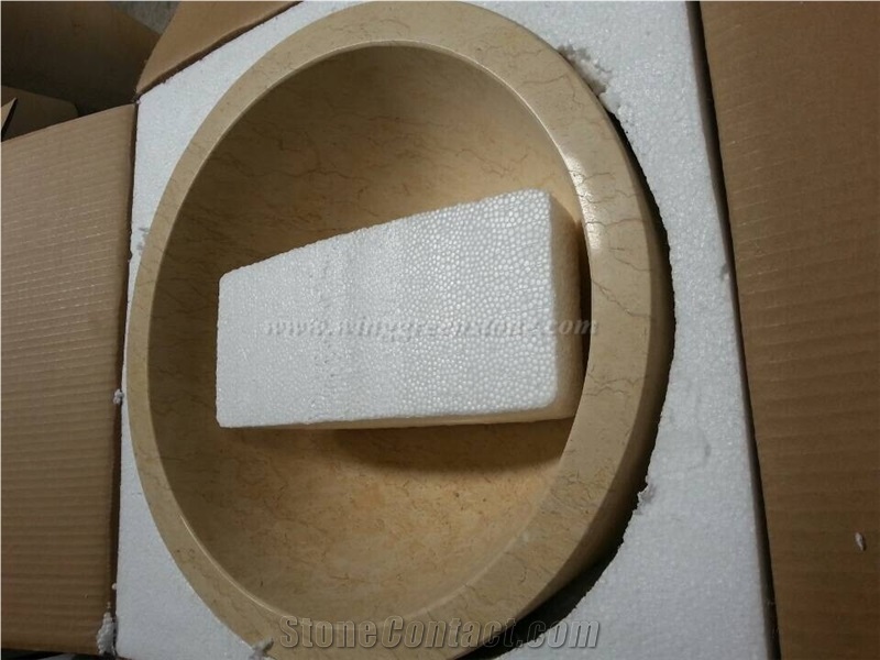Sunny Yellow Marble Sinks, Beige Marble Pedestal Wash Basin for Bathroom, Cylinder Sink, Basin Part Polished + Bottom Part Grooved/Bush Hammered Pedestal Basins