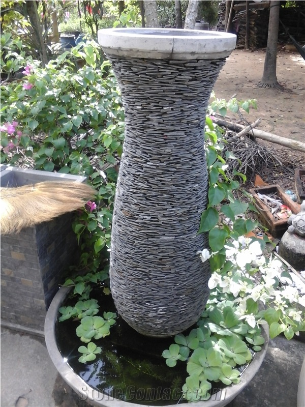 Stacked Stone Slate Pots - Sandstone Natural Garden Planters - Pebble Water Fountain, Grey Slate Fountain
