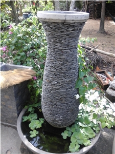 Stacked Stone Slate Pots - Sandstone Natural Garden Planters - Pebble Water Fountain, Grey Slate Fountain