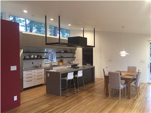 Kitchen Counter Caesarstone Pebble with 3" Mitered Waterfall Legs on the Island