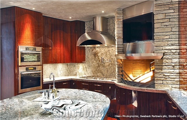 Azul Aran Granite Counters with Old Spruce Mountain