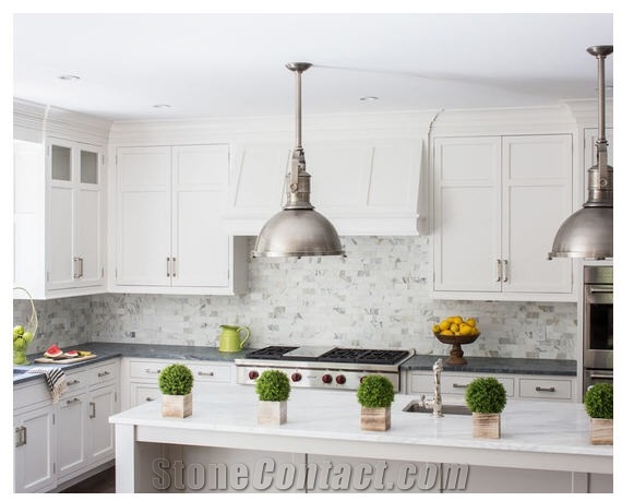 Perimeter is Classic Soapstone Counter and Calacatta Gold Marble Island Top