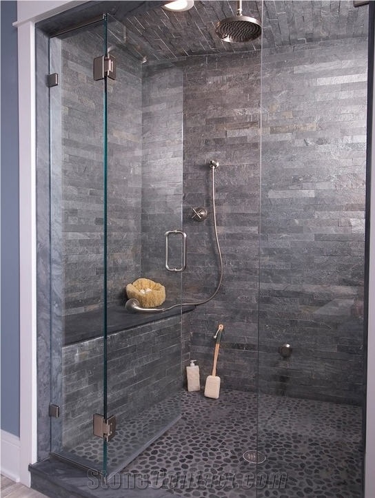 Silver Slate Tiles Walls and Interlocking Pebble Flooring