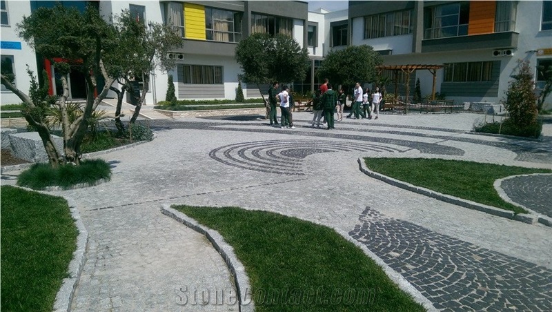 Bergama Grey Granite and Aliaga Basalt Garden Cubestone Project, Black Basalt Cube Stone & Pavers Turkey
