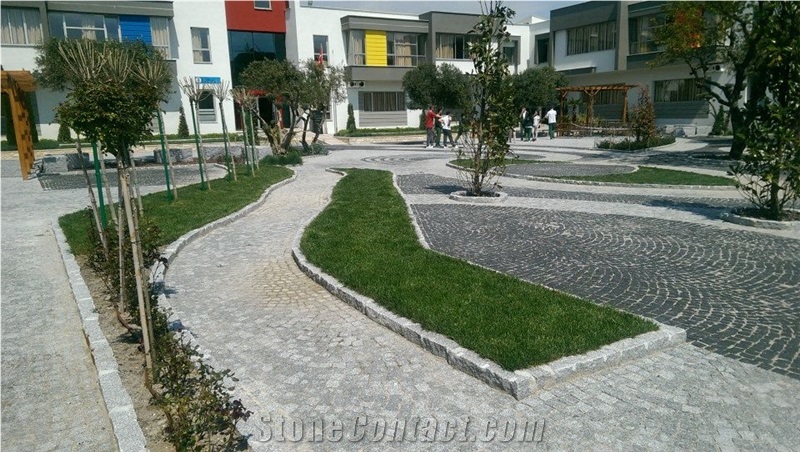 Bergama Grey Granite and Aliaga Basalt Garden Cubestone Project, Black Basalt Cube Stone & Pavers Turkey
