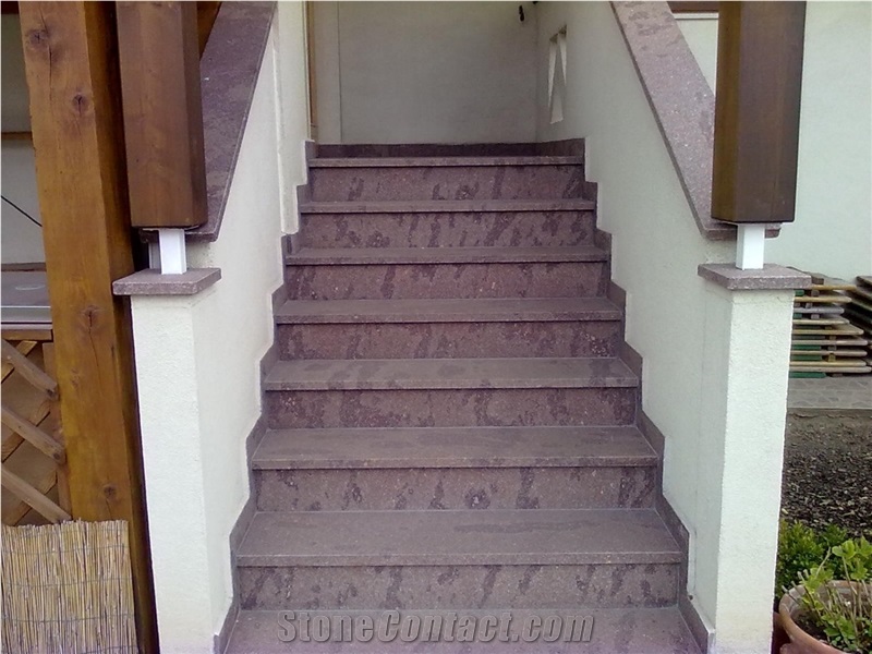 Montiggler Porphyr Porfido Di Monticolo Steps, Red Porphyr Stair Threshold and Risers