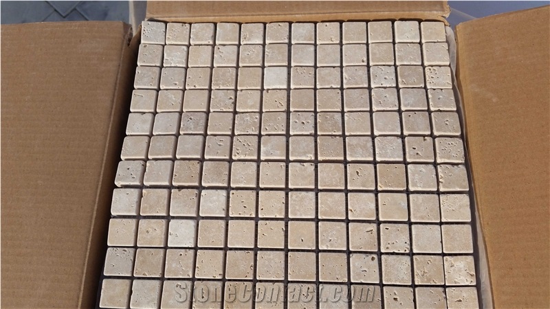 1x1 Ivory Travertine Tumbled Mosaic