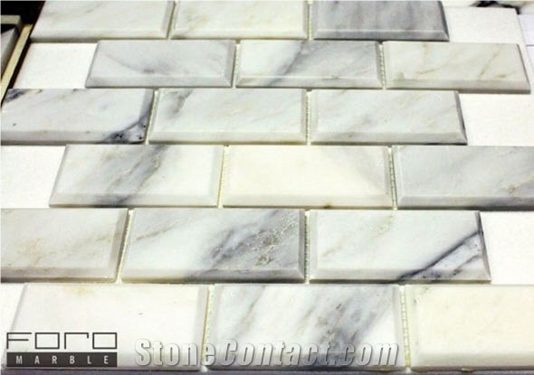 Joint Beveled Edge, Arabescato Carrara Marble Mosaic, White Marble Polished Mosaic Italy