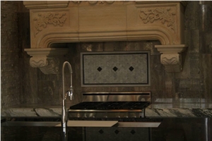Exotic Granite Kitchen Perimeter Top and Island Top, Limestone Carved Kitchen Hood