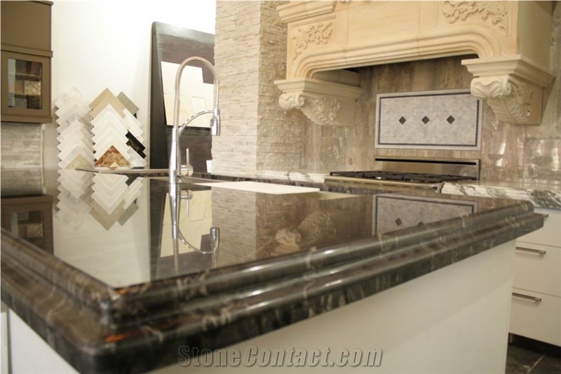 Exotic Granite Kitchen Perimeter Top and Island Top, Limestone Carved Kitchen Hood