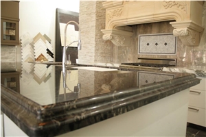 Exotic Granite Kitchen Perimeter Top and Island Top, Limestone Carved Kitchen Hood