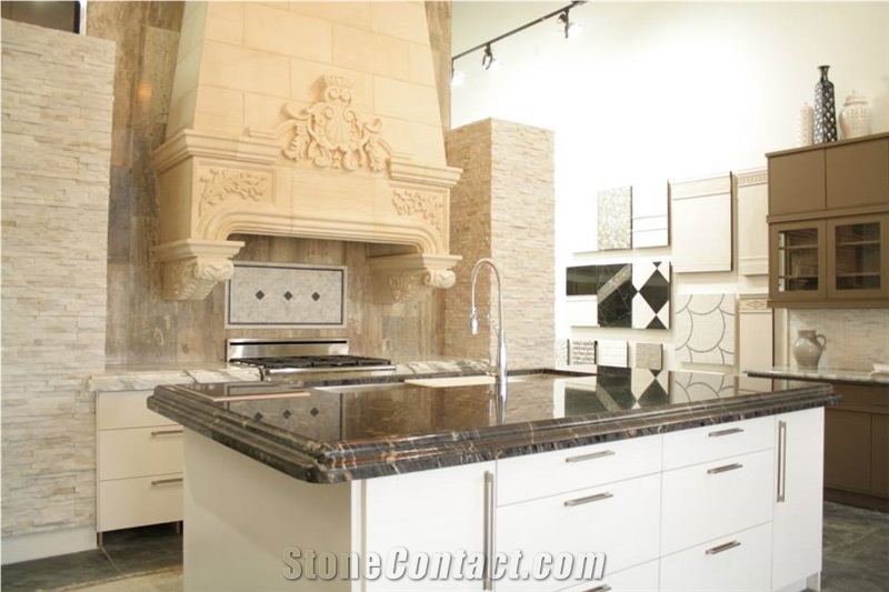 Exotic Granite Kitchen Perimeter Top and Island Top, Limestone Carved Kitchen Hood