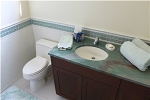 Gaya Quartzite - Emerald Green Quartzite Bathroom Vanity Top, Glass Linear Mosaic Border