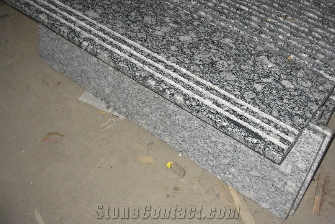 Guangdong Silver Grey Granite Steps,Sea Wave Flower Granite Stair Treads,Polished Wave Flower Granite Staircase with Stair Riser,Non-Slip Sea Wave Flower Granite Stair