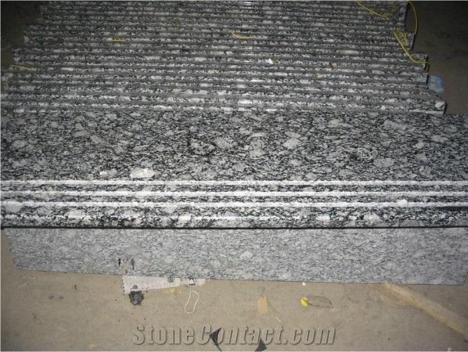 Guangdong Silver Grey Granite Steps,Sea Wave Flower Granite Stair Treads,Polished Wave Flower Granite Staircase with Stair Riser,Non-Slip Sea Wave Flower Granite Stair