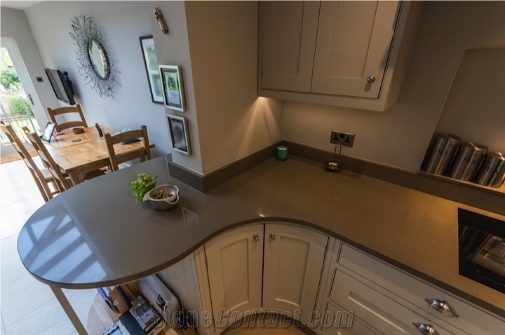 Mercury Grey Quartz Stone Kitchen Peninsula and Perimeter Counter, Grey Quartz Kitchen Countertops