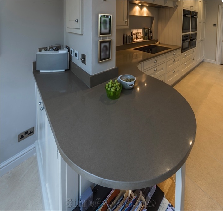 Mercury Grey Quartz Stone Kitchen Peninsula and Perimeter Counter, Grey Quartz Kitchen Countertops