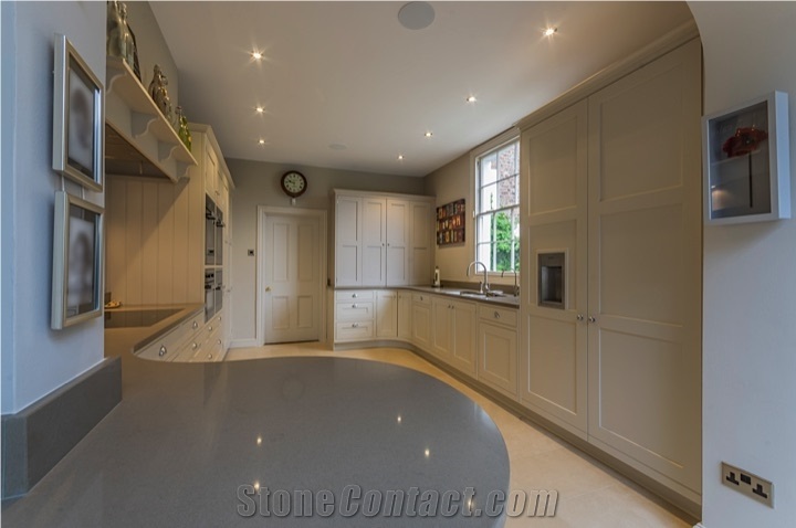 Mercury Grey Quartz Stone Kitchen Peninsula and Perimeter Counter, Grey Quartz Kitchen Countertops
