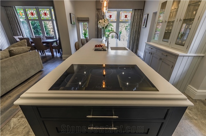 Unistone Solid Surface Crema Marfil Kitchen Countertop, Beige Quartz Stone Kitchen Countertops