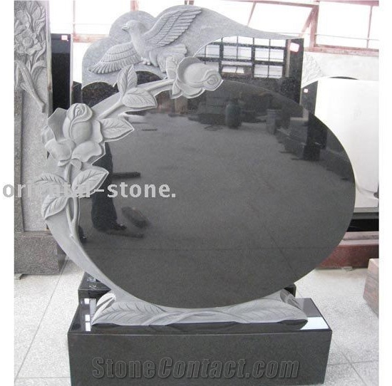 China Black Granite Round Engraved Headstones, Cemetery Flower Carving Tombstones, Memorial Bird Sculptured Stone Gravestone, Custom Tombstone Monument Design, Western Style Single Monuments