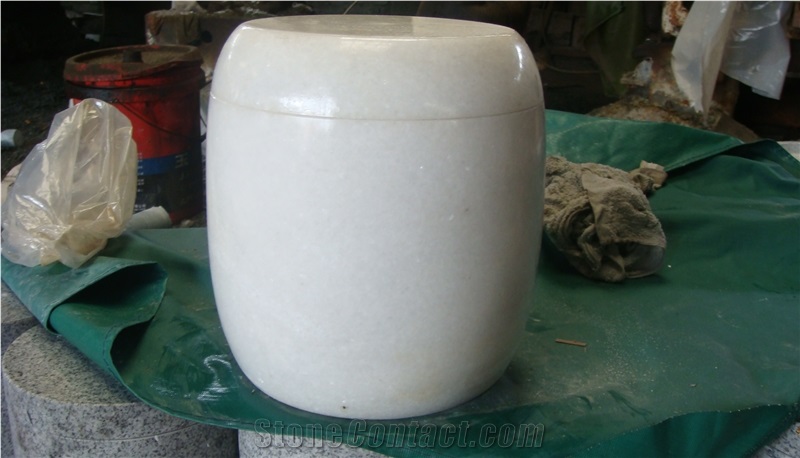 China White Marble Memorial Funeral Crematorium Accessories Urns for Ashes, Natural Stone Cinerary Casket for Cemetery,Cremation Round Urns, Monumental Urns, Urn Vaults
