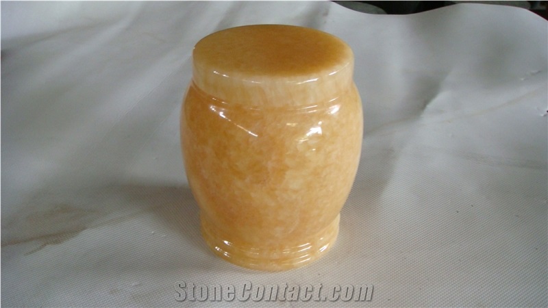 China Yellow Onyx Memorial Funeral Accessories Urns for Ashes, Cremation Round Urns, Monumental Crematorium Stone Cinerary Casket, Natural Stone Urn Vaults