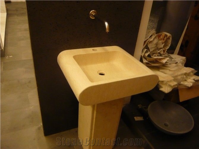Galala Beige Marble Pedestal Basins, New Cream Marfil Marble Pedestal Basins for Bathroom and Outside, Polished Rectangular Basins