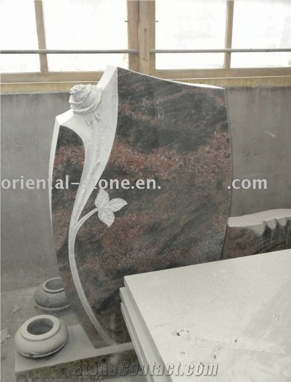 Multicolor Red Granite Cemetery Flower Carving Headstones, Engraved Tombstones, Memorial Stone Gravestones, Custom Monument Tombstone Design, Western Style Single Monumnets