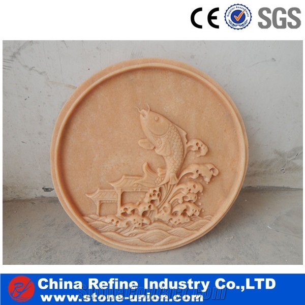 Marble Stone Relief Fish Sculpture,Chinese Sichuan Beige Sandstone Stone Reliefs,Tv Background Decoration,Lobby Walling Tile,Wall Covering Tiles