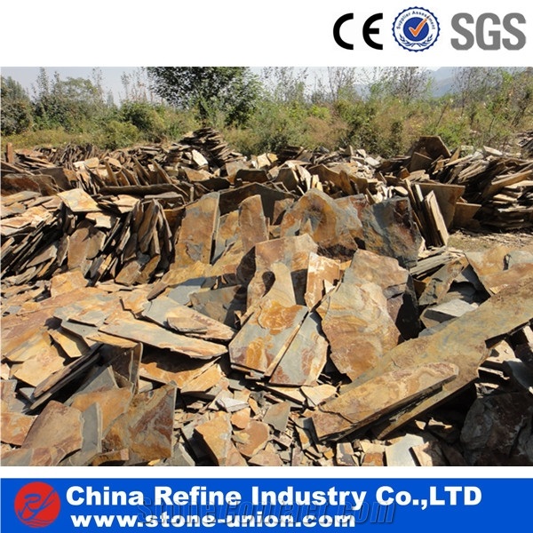 Slate Big Slabs China Slate, Random Flag Stone, Rust Yellow Slate Wall Cladding,Landscaping Stones,Crazy Stone, Irregular Flagstone Landscape