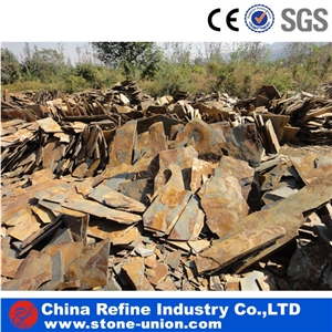 Slate Big Slabs China Slate, Random Flag Stone, Rust Yellow Slate Wall Cladding,Landscaping Stones,Crazy Stone, Irregular Flagstone Landscape
