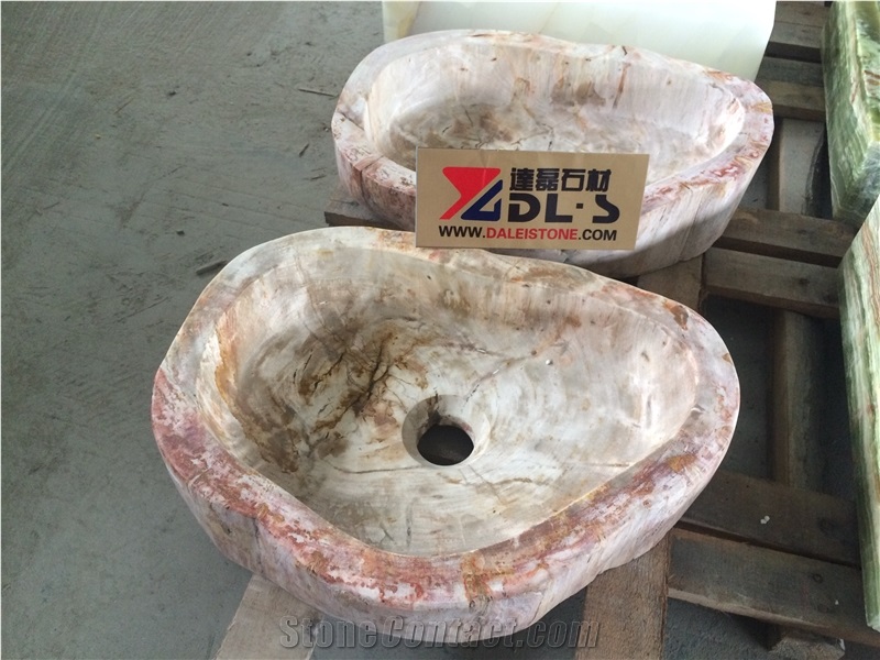 Petrified Wood Stone Round Wash Basins, Vessel Sinks, Wood Stone Round Sinks for Bathroom