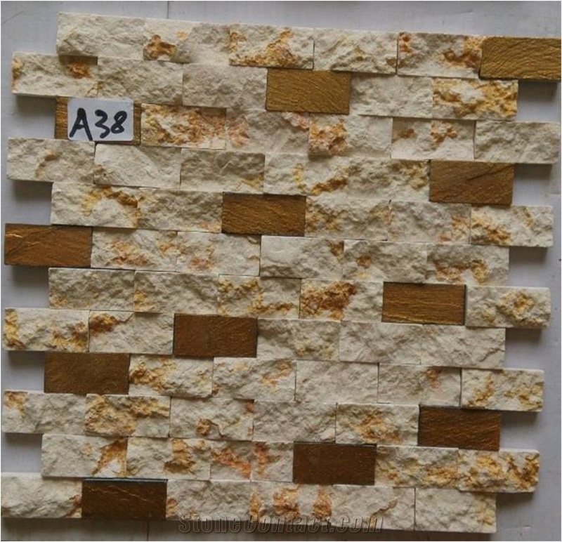 Sunny Yellow Marble + Yellow Slate Mosaic Tiles, Split Face Mosaic Pattern, Yellow Stone Wall Chipped Mosaic Tiles