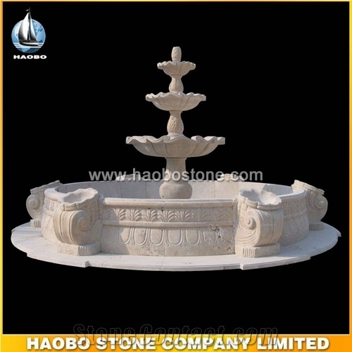 Natural Bilecik Beige Marble Large Outdoor Garden Water Fountains Manufacture, Exterior Water Features China Factory