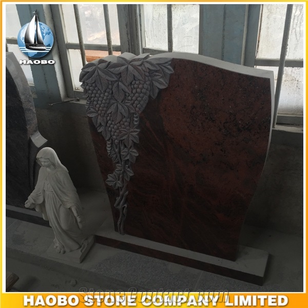 Red Granite Upright Headstone with Hand Carved Grape
